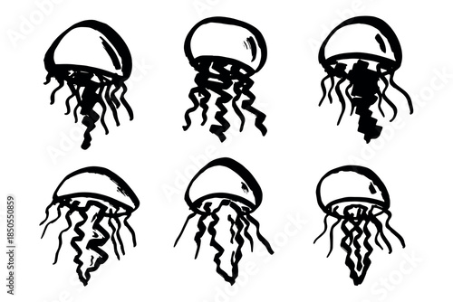 Set of hand drawn jellyfish doodle Sea animal illustration Cute marine underwater creature Medusa sketch clipart Single element for web, design, decor, children's print