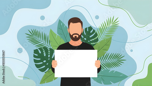 Man holding blank sign in front of tropical leaves on colorful background.