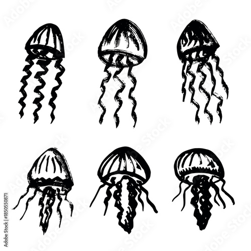 Set of hand drawn jellyfish doodle Sea animal illustration Cute marine underwater creature Medusa sketch clipart Single element for web, design, decor, children's print
