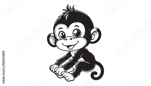 Vector illustration of cartoon Monkey black and white drawing For children to learn to color according to the picture.
