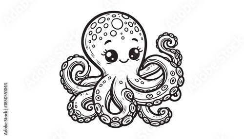 Vector illustration of cartoon octopus black and white drawing For children to learn to color according to the picture.