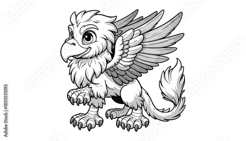 Vector illustration of cartoon Griffin waving wing greeting black and white drawing For children to learn to color according to the picture.