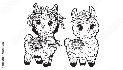 Vector illustration of cartoon Llama black and white drawing For children to learn to color according to the picture.