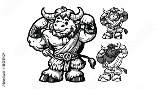 Vector illustration of cartoon Minotaur black and white drawing For children to learn to color according to the picture.