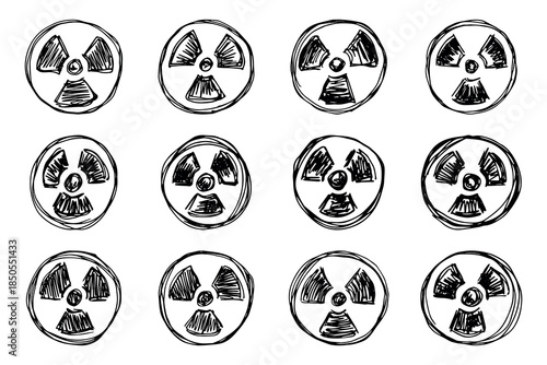 Set of hand drawn radiation sign Nuclear radiation hazard symbol Radioactive danger warning doodle Radioactive waste Single element for print, web, design, decor