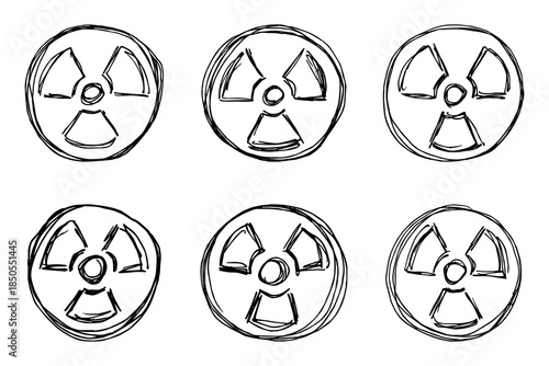 Set of hand drawn radiation sign Nuclear radiation hazard symbol Radioactive danger warning doodle Radioactive waste Single element for print, web, design, decor