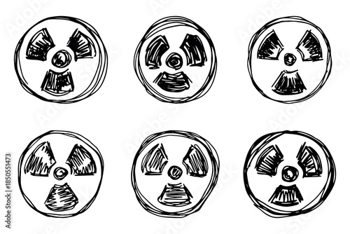 Set of hand drawn radiation sign Nuclear radiation hazard symbol Radioactive danger warning doodle Radioactive waste Single element for print, web, design, decor