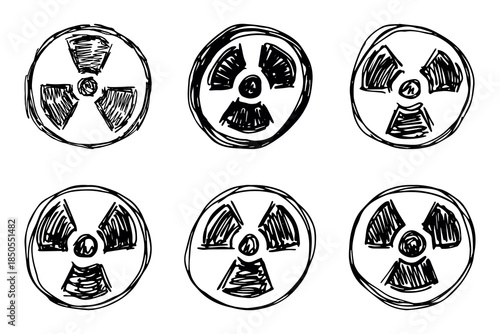 Set of hand drawn radiation sign Nuclear radiation hazard symbol Radioactive danger warning doodle Radioactive waste Single element for print, web, design, decor