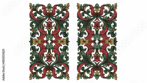 Intricate Decorative Wood Carving Panels with Red Green and Gold Accents.