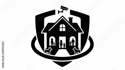 Home Security Shield with Family and Dogs Protected by Surveillance Camera.