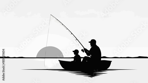 Father and son fishing together in a boat at sunset silhouette.
