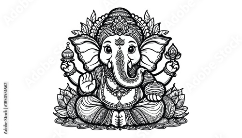 Vector illustration of cartoon Hindu God Ganesha black and white drawing For children to learn to color according to the picture.