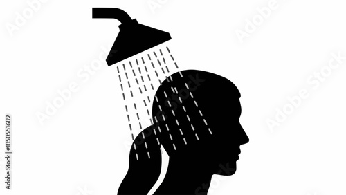 Silhouette of a person taking a shower with water falling on their head.
