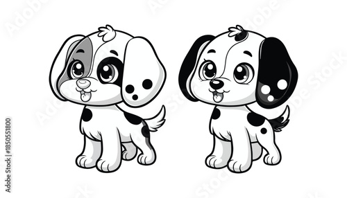 Vector illustration of cartoon little cute puppy black and white drawing For children to learn to color according to the picture.
