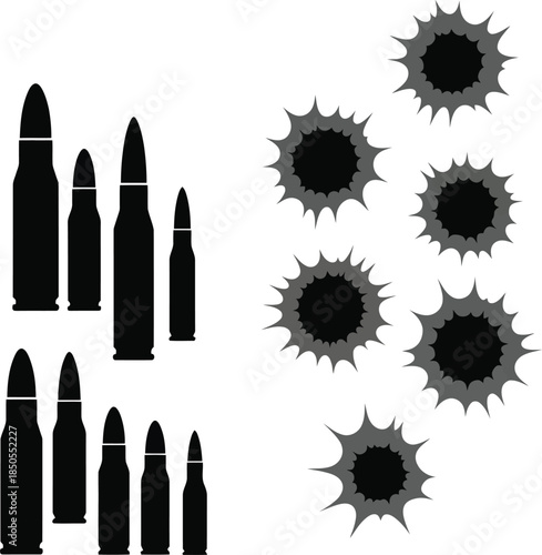 Black bullet silhouettes and grey explosion burst graphics