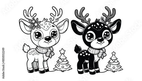 Vector illustration of cartoon christmas reindeer black and white drawing For children to learn to color according to the picture.
