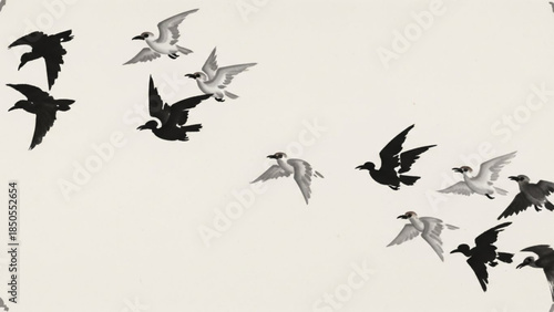 Flock of Birds Flying Black and White Minimalist Illustration on Light Background