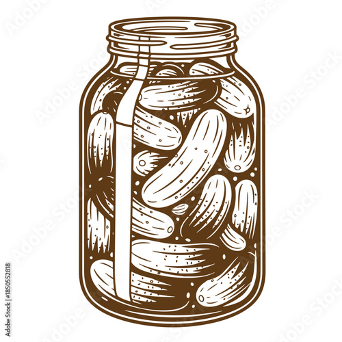 A vintage sketch illustration of pickles preserved inside a glass jar