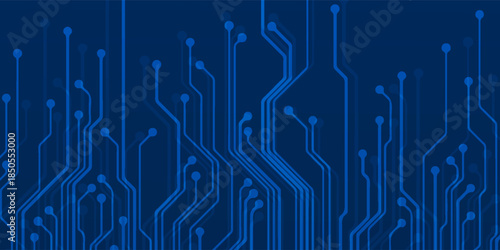 VectorAI circuit board background. Technology connected blue lines with electronics elements on tech bg. Computer motherboard with a chip, processor, and semiconductor. eps10