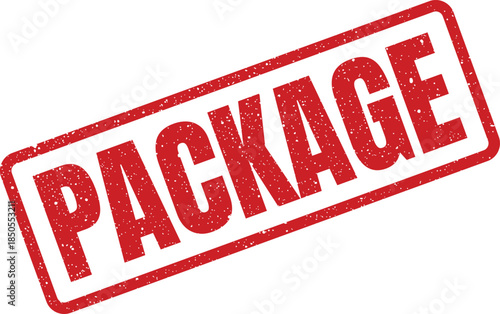 A distressed red rubber stamp with the word package, indicating a parcel or delivery item