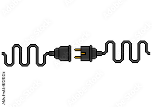 Pixel art illustration of a black power plug and socket about to connect, featuring wavy electrical cords on a white background.