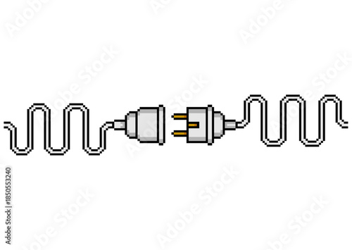 Pixel art illustration of a grey electrical plug and socket about to connect, featuring wavy cords on a white background.