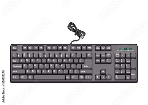 illustration pixel art of a classic dark gray wired computer keyboard with a full numeric keypad and USB cable, on a white background. It features a standard QWERTY layout with function keys.