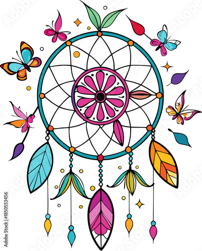 Colored line art vector of a dreamcatcher where butterflies are replacing the feathers hanging below. Boho colors, white background.