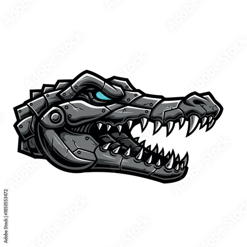 A robotic alligator head illustration with blue eye and sharp teeth is shown.