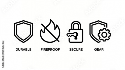 Durable, fire-resistant and other elements represent the characteristics of safety and protective configurations, suitable for promotional materials in protective categories.
