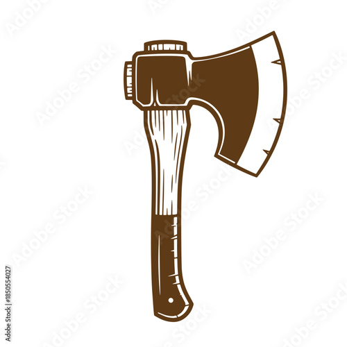 Detailed axe illustration in a brown color with wooden handle isolated on white background