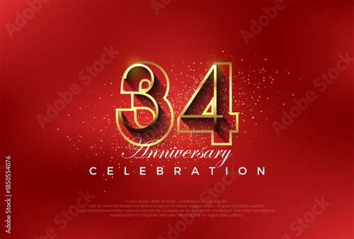 line art number with golden fancy 34th numeral. Premium vector for poster, banner, celebration greeting.