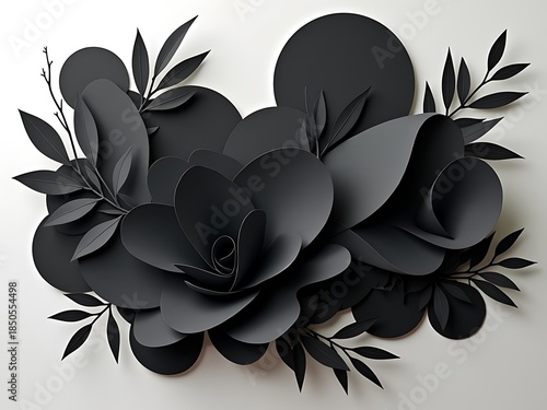3D paper cut art of black matte flowers and leaves on a clean white background.