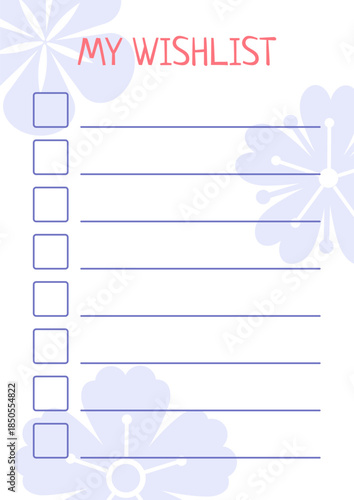 Pastel floral wishlist notepad with checkboxes and lined spaces for notes soft pink and blue flower motifs