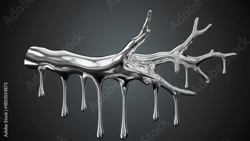“Tree branch made entirely of liquid silver, dripping slowly, glossy reflections, 