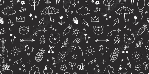 Line cute kid icon pattern. Hand drawn cute children style animal face, flower, star on chalkboard background. Doodle sketch heart, star, cloud baby cartoon seamless pattern. Vector illustration