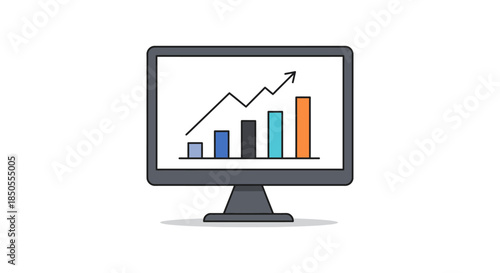 business analytics dashboard on computer monitor with rising bar chart and growth line illustrating data analysis and financial performance