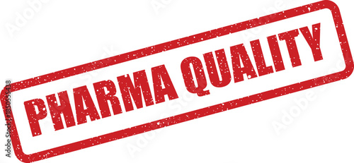 A textured red rubber stamp displaying PHARMA QUALITY indicating pharmaceutical product standards and assurance