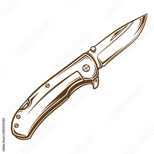 Detailed illustration of a folding knife in a vintage sketch style with brown outlines