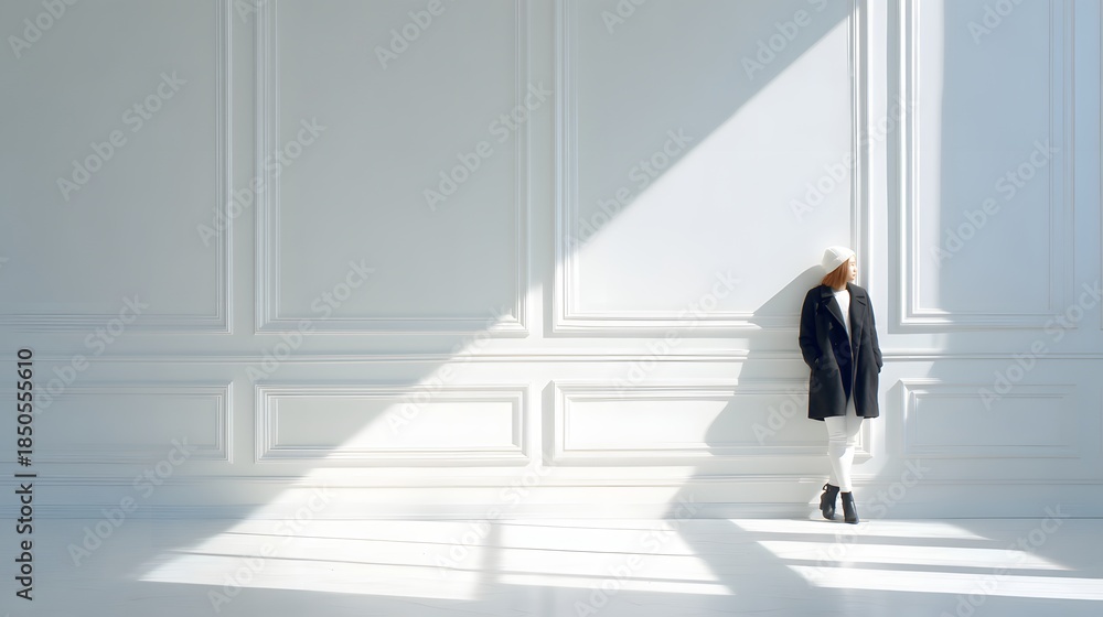 Fototapeta premium Woman in Black Coat Leaning Against White Wall in Sunlight.