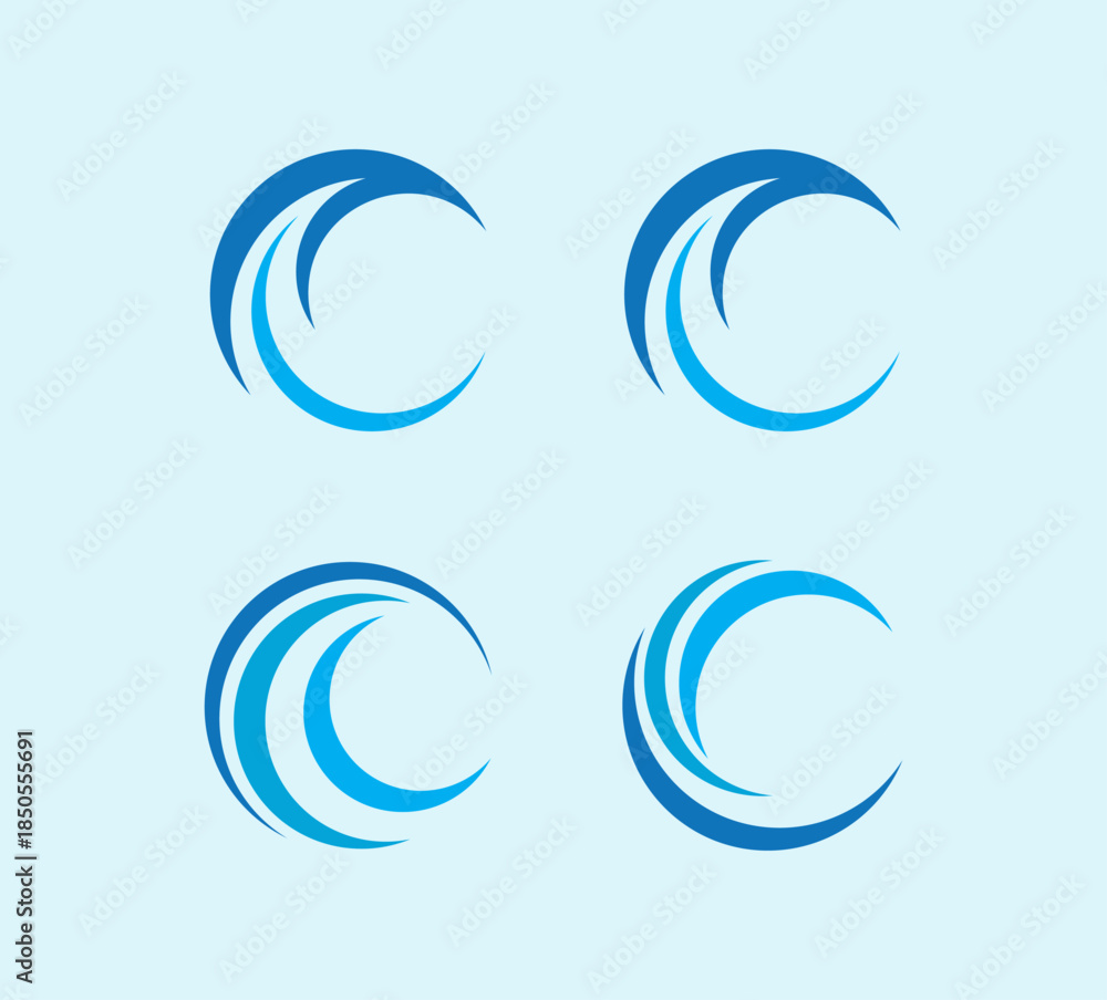 Fototapeta premium Professional set of blue circular wave logo icons and abstract spiral symbols. Modern vector swoosh elements ideal for internet service providers, technology startups, global communication, and dynami