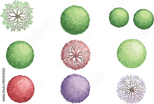 Top view green and colorful shrubs vector illustration set for landscape design, featuring nine different bushes with round shapes, isolated on white background