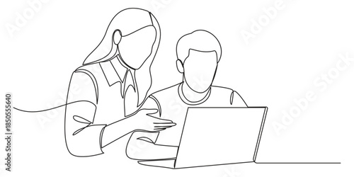 One line drawing of business people working together with laptop and documents. Vector illustration.	
