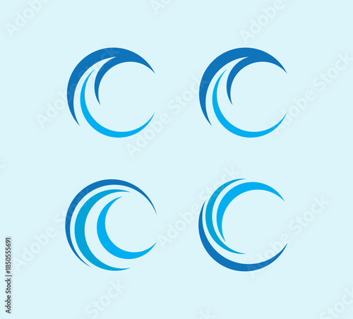 Professional set of blue circular wave logo icons and abstract spiral symbols. Modern vector swoosh elements ideal for internet service providers, technology startups, global communication, and dynami