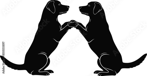 Two black Labrador Retriever silhouettes sitting up, facing each other and holding paws, demonstrating pet companionship, friendship, loyalty, and symmetrical animal training, isolated on white.