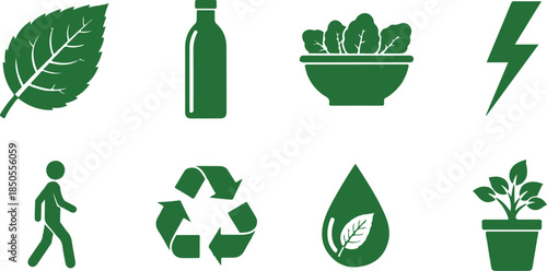Collection Of Eight Green Icons Representing Nature And Sustainability On White Background leaf plant