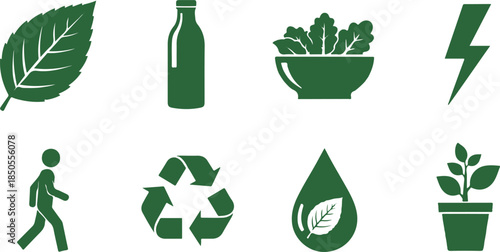 Collection Of Eight Green Icons Representing Nature And Sustainability On White Background leaf plant