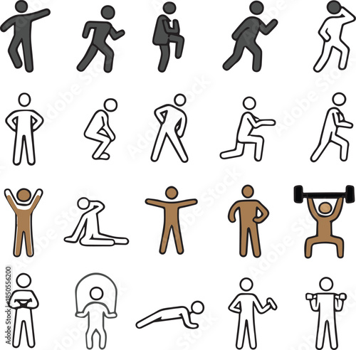 Set of 15 diverse stick figure icons representing various physical exercises, fitness activities, and human poses in motion, including running, stretching, weightlifting, and jumping rope, presented i