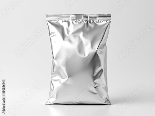 Shiny, crinkled metallic bag, upright, sealed, against a white backdrop