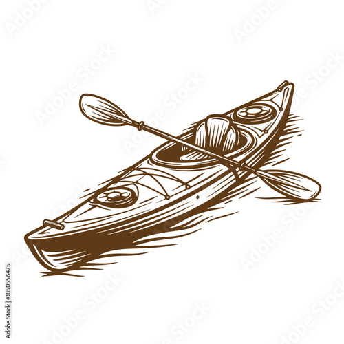 Hand drawn illustration of a vintage kayak with paddle ready for watersport adventures